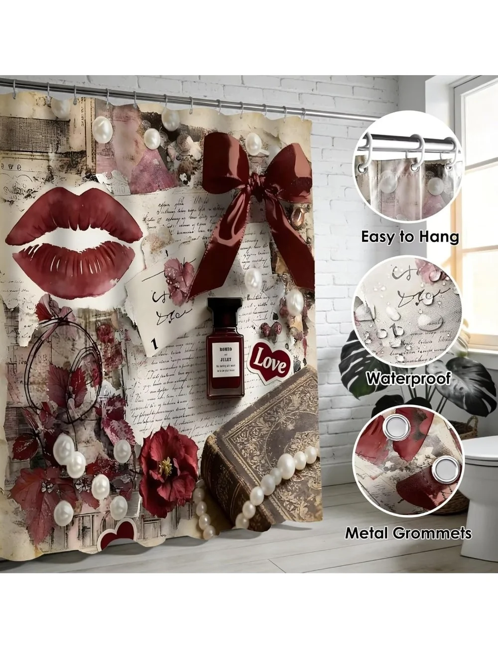 Vintage Romance Red Bath Set with Shower Curtain and Rugs